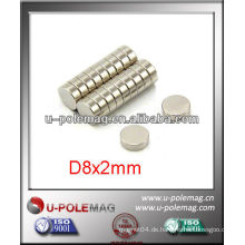 D8x2mm N35 Ni Neodym NdFeB Magnet